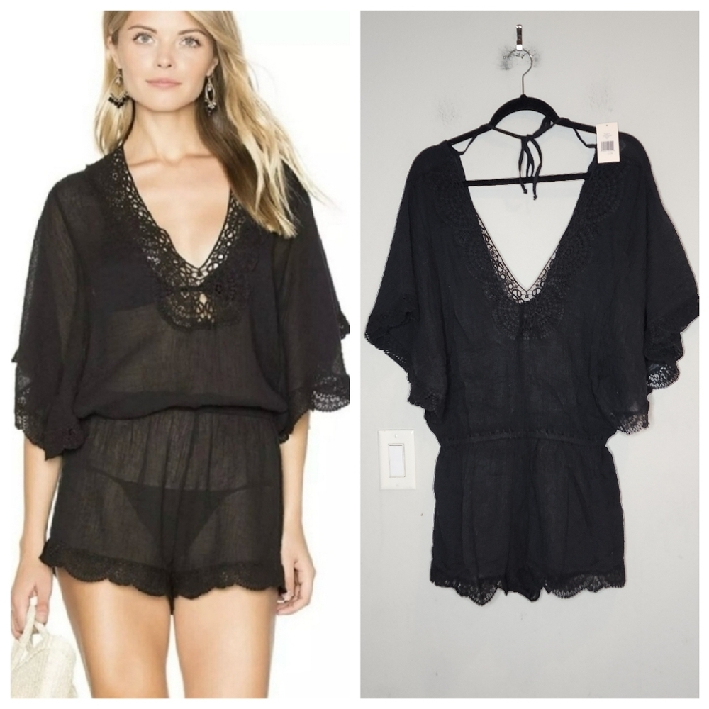 NWT Eberjey M/L‎ Black Sol Liberty Lace Trimmed Romper Swim Cover-Up Beachy